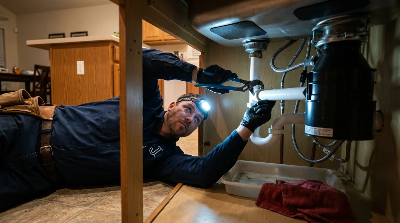 P-trap and supply line connections under a kitchen sink showing a common leak point in Waverly, VA